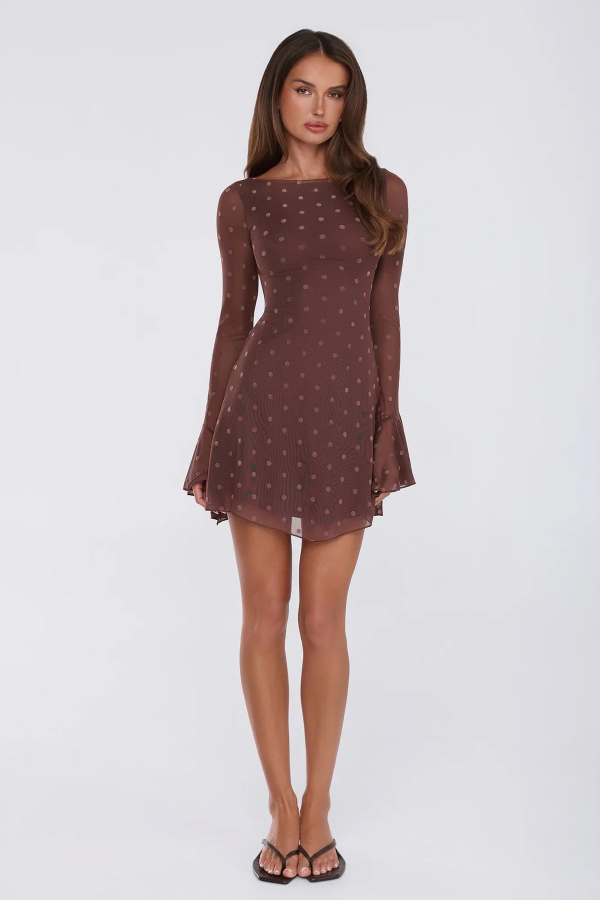 Sunset Season Long Sleeve Polka Dot Mini Dress Brown