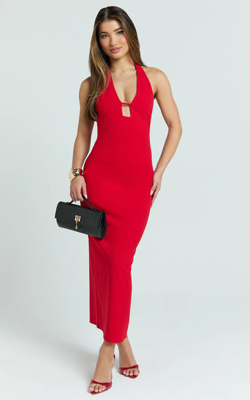 Ricki Maxi Dress - Plunge Halter Low Back Bodycon Dress in Rose Red
