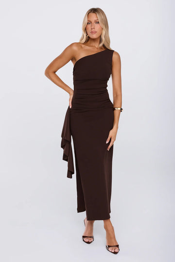 Chic One Shoulder Ruched Drape Maxi Dress Chocolate