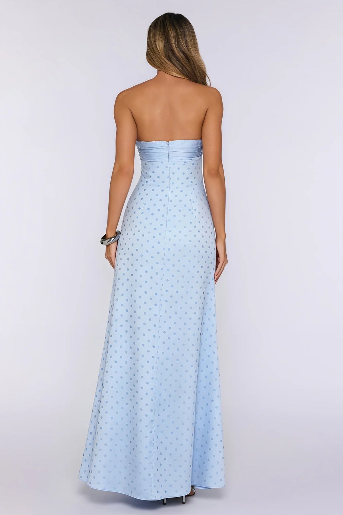 Sparked Hour Satin Polka Dot Strapless Maxi Dress Blue