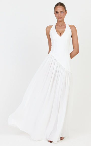 Calla Maxi Dress - Halter Neck Asymmetric Dropped Waist Dress in White