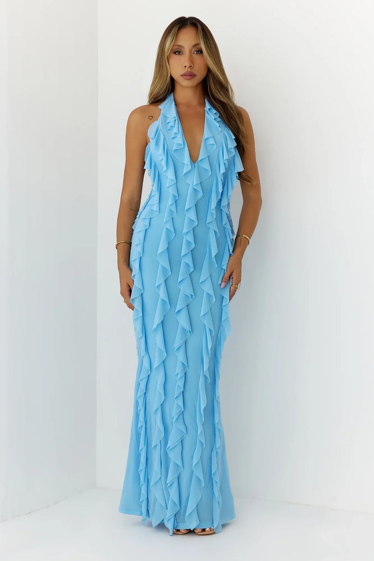 Frills Please Halter Maxi Dress Blue