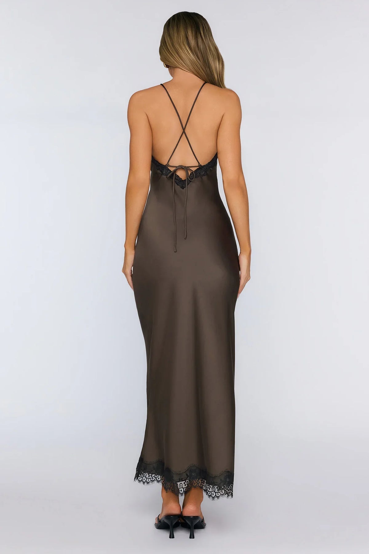 Editorial Archive Satin Lace Maxi Dress Brown