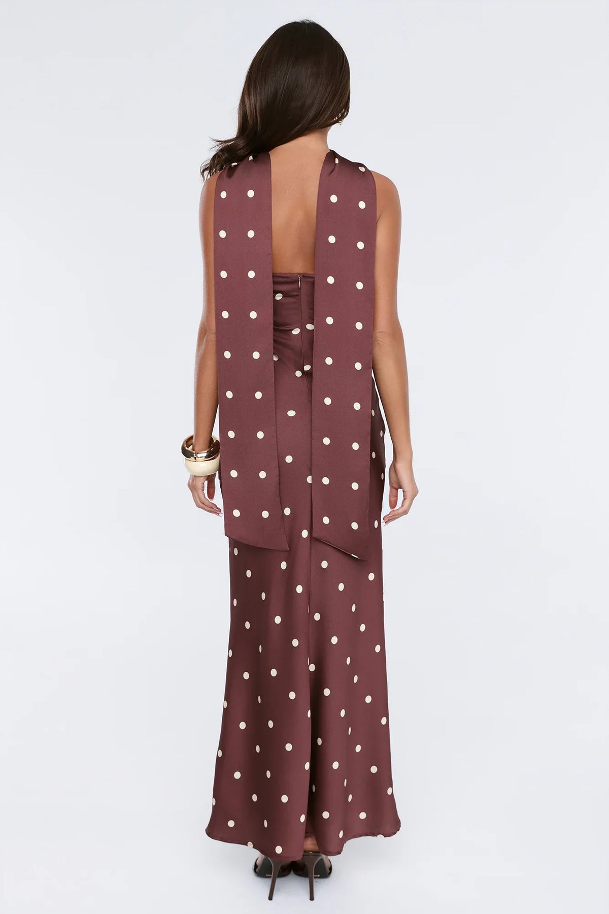 Bloom Star Polka Dot Satin Strapless Maxi Dress Brown