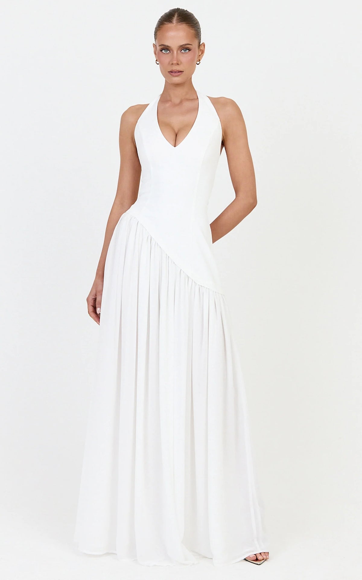 Calla Maxi Dress - Halter Neck Asymmetric Dropped Waist Dress in White