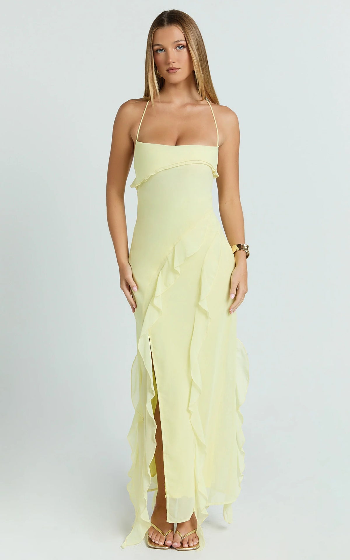 Connie Midi Dress - Ruffle Detail Dress in Lemon