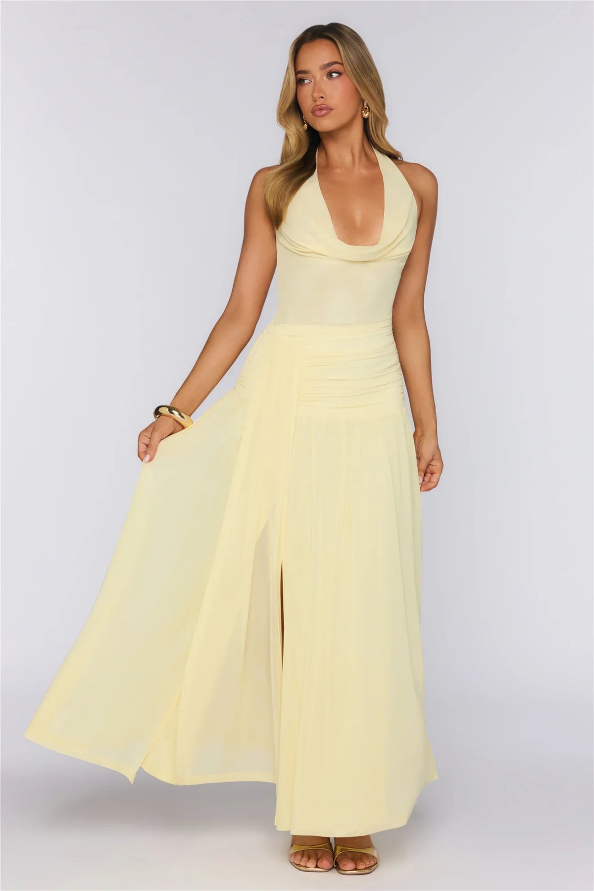 Say Less Energy Halter Mesh Maxi Dress Yellow