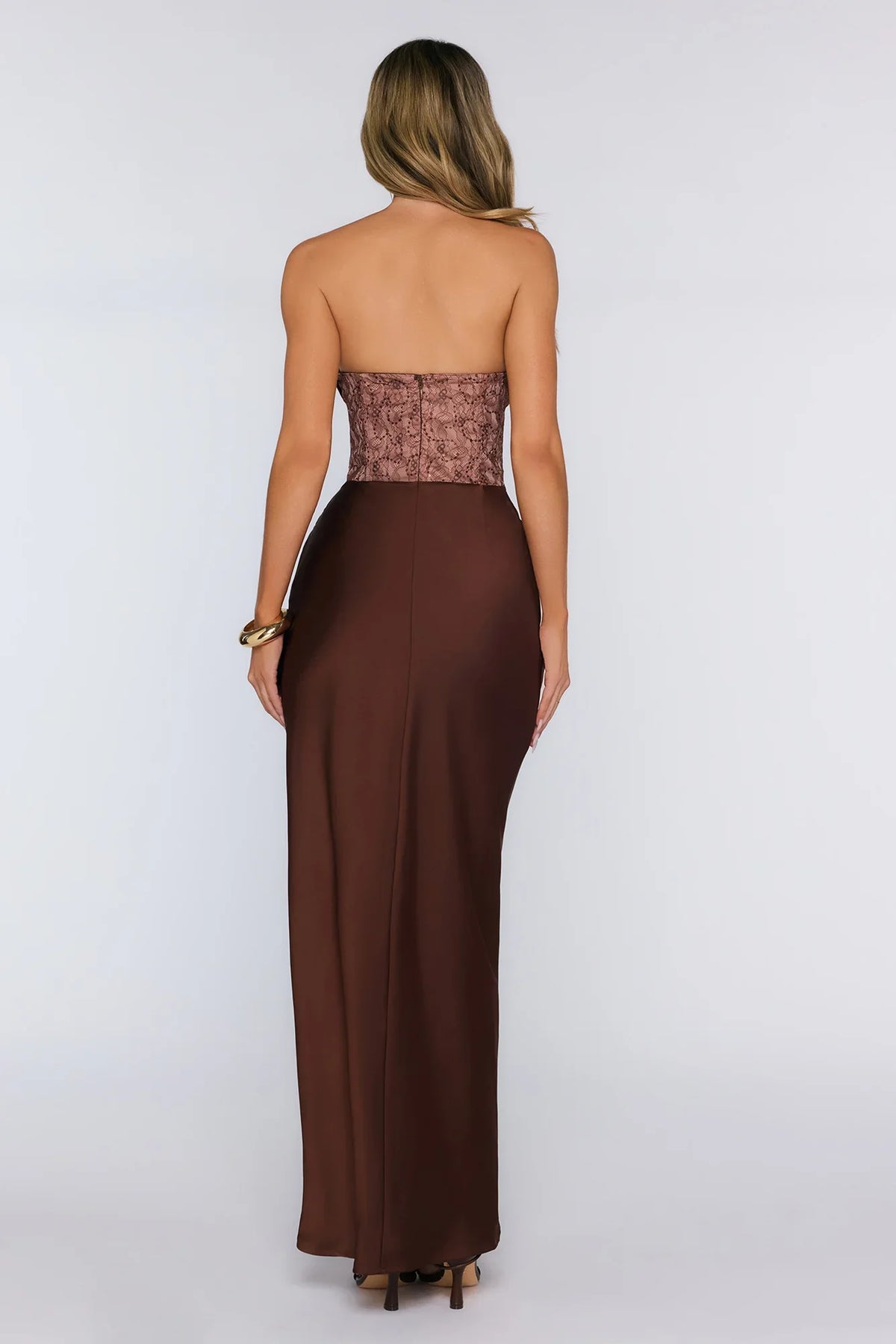 Wave Of Love Strapless Lace Satin Maxi Dress Chocolate