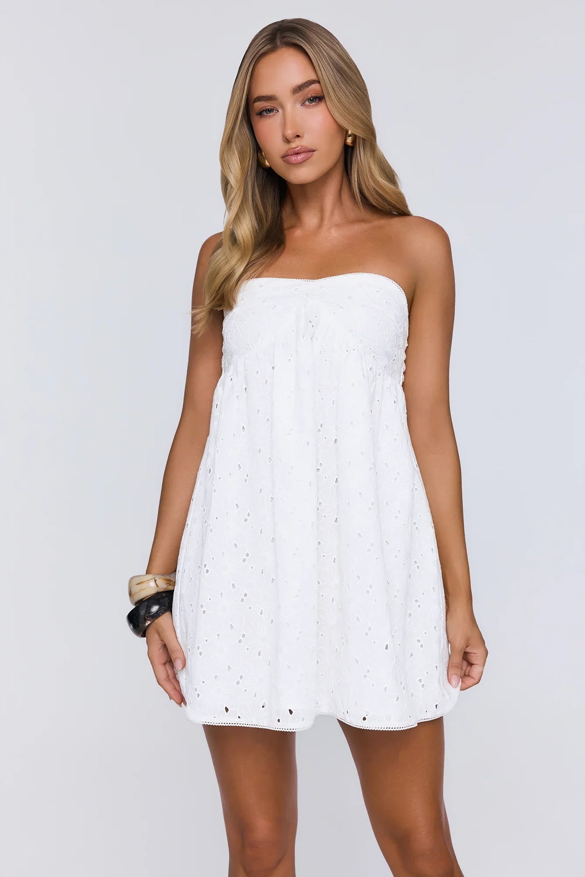 Summer Poise Embroidered Strapless Mini Dress White