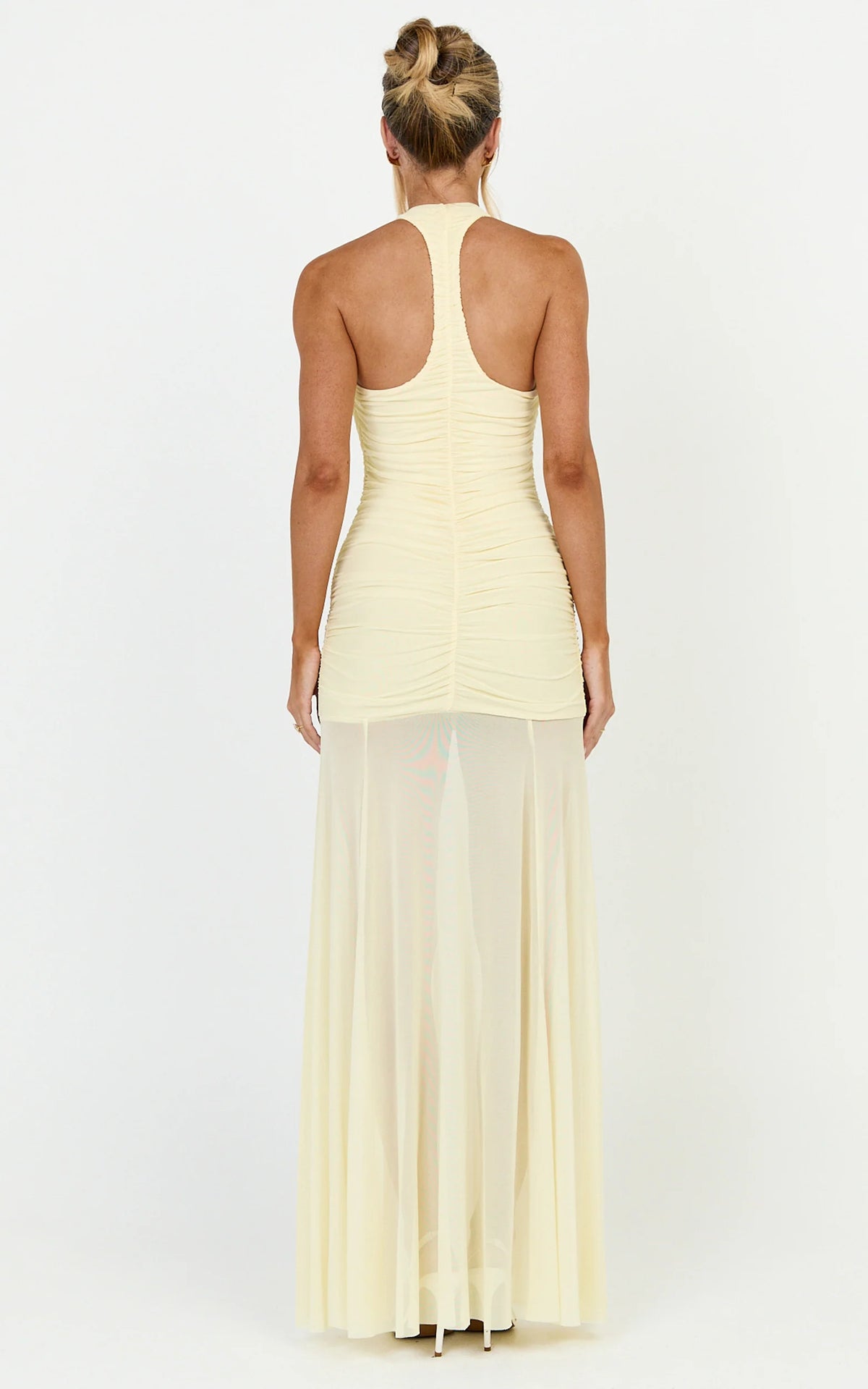 Kori Maxi Dress - Ruched Halterneck Mesh Dress With Racer Back in Lemon