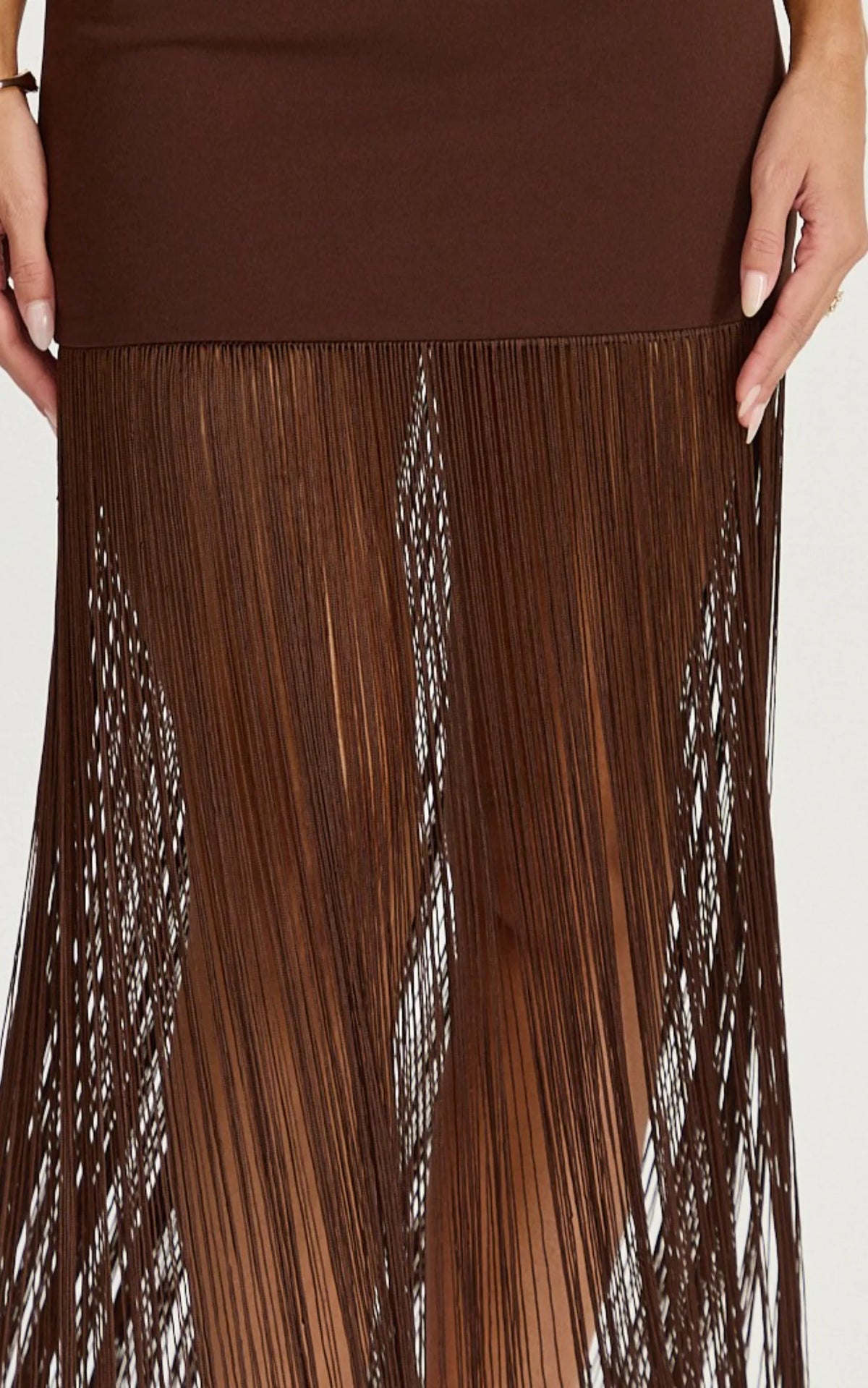 Evie Maxi Dress - Crepe Fringed Shift Dress in Chocolate