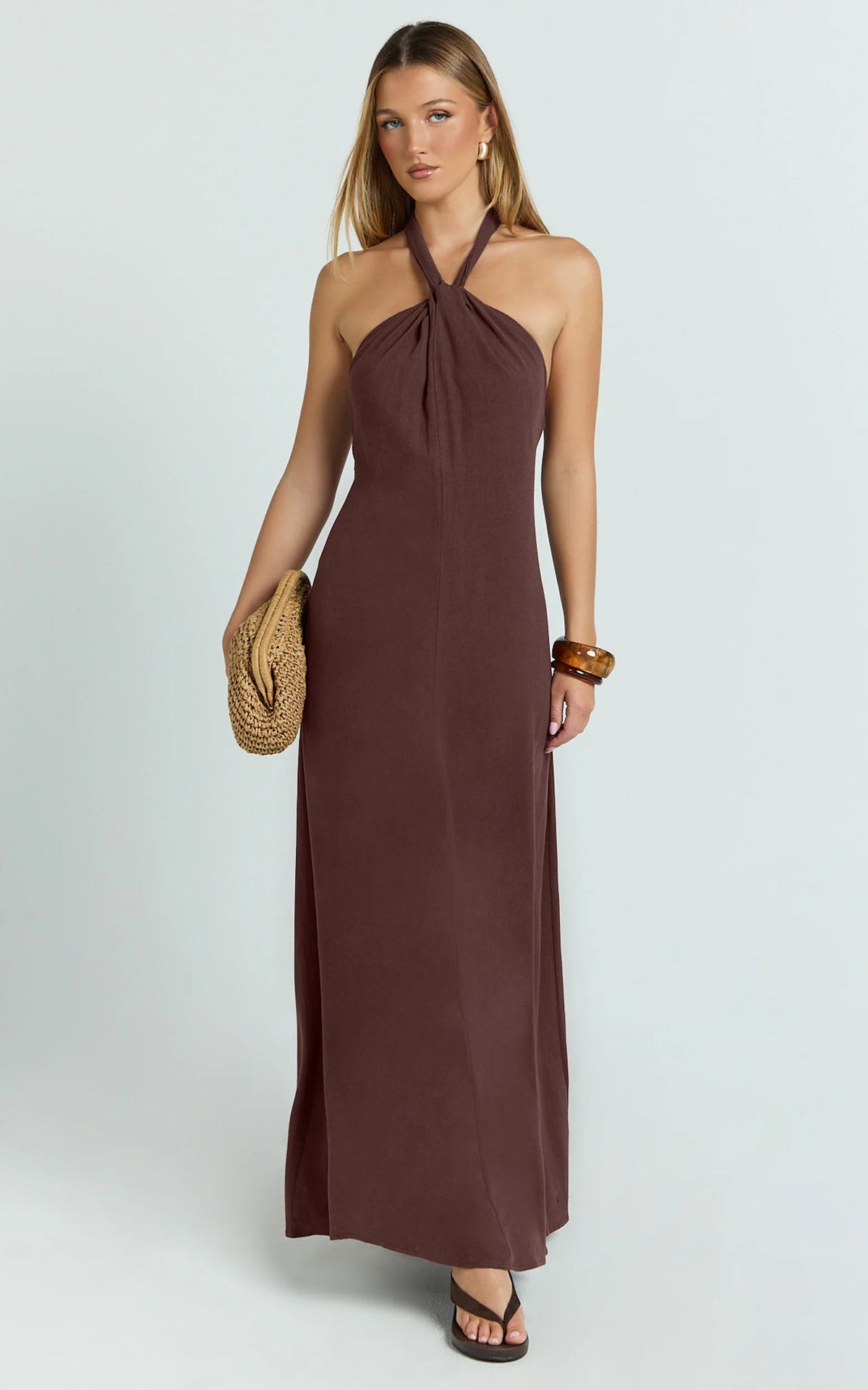 Hilda Maxi Dress - Knot Detail Halter Neck Maxi Dress in Chocolate