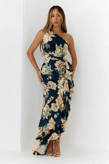 Floral One Shoulder Cutout Maxi Dress Navy