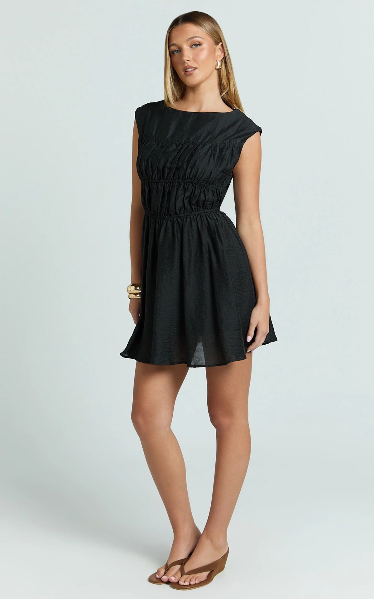 Faith Mini Dress - Sleeveless Ruched Bodice Dress in Black