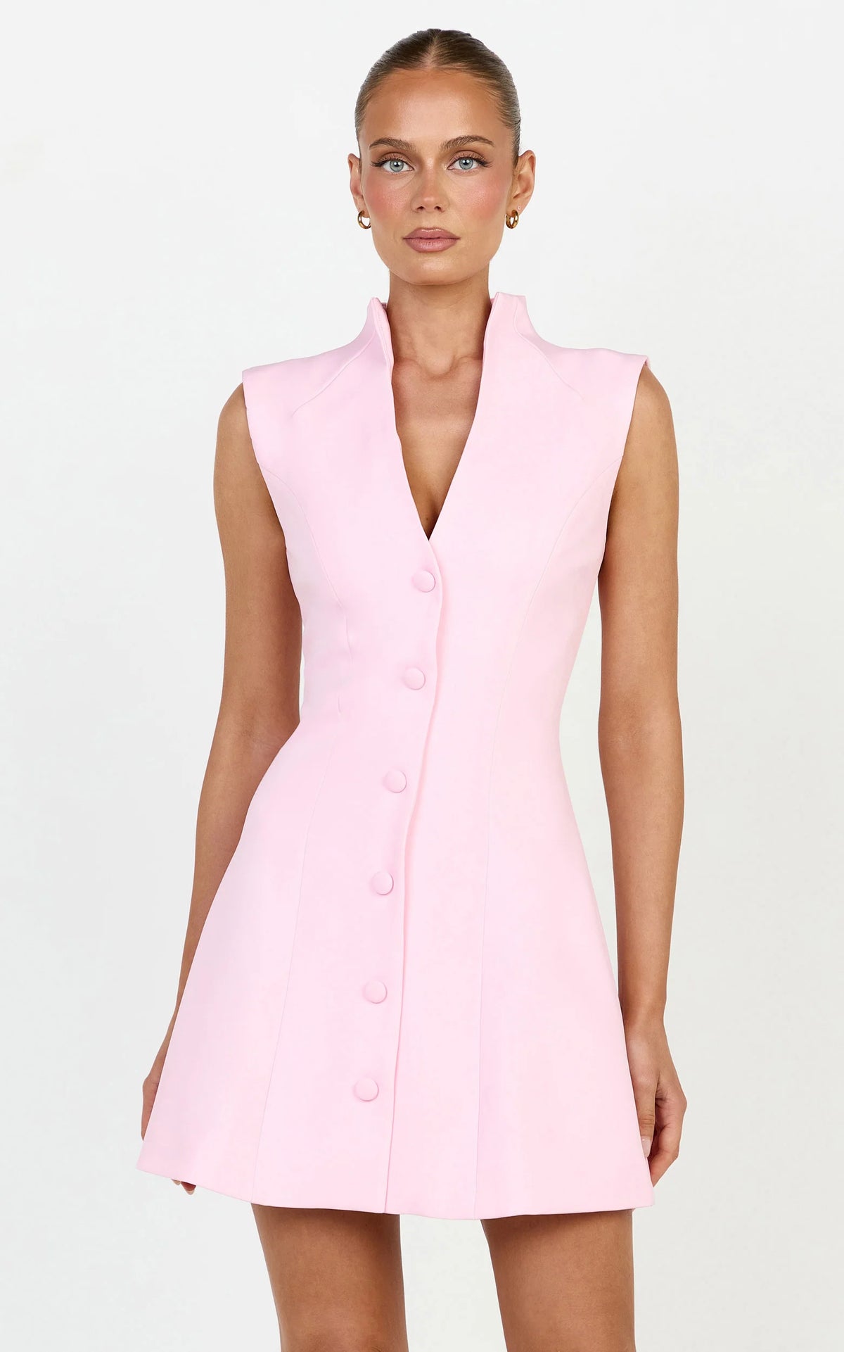 Jacinta Mini Dress - Sleeveless Button Front Tulip Dress in Baby Pink