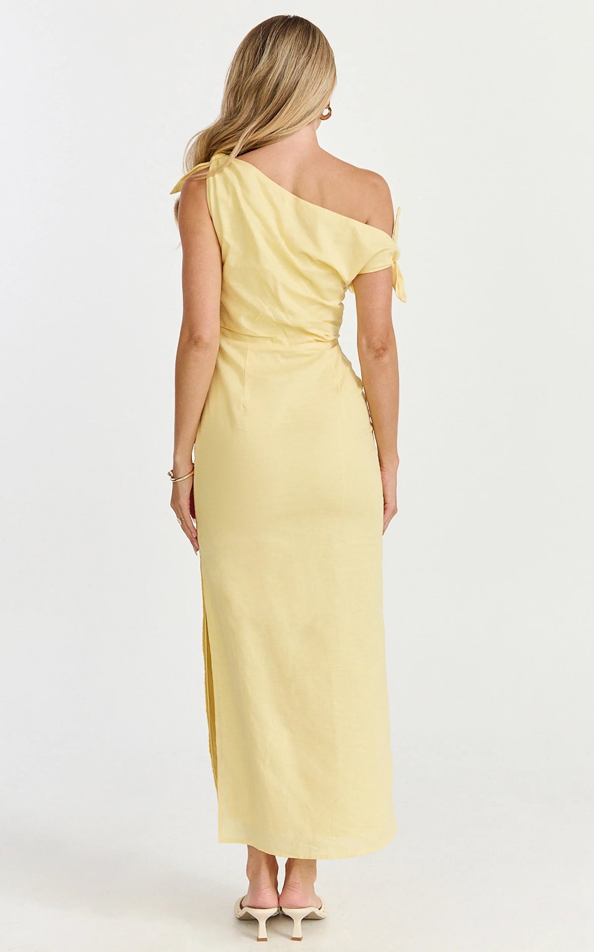 Cincinnati Midi Dress - Off The Shoulder Side Split Column Linen Dress in Lemon