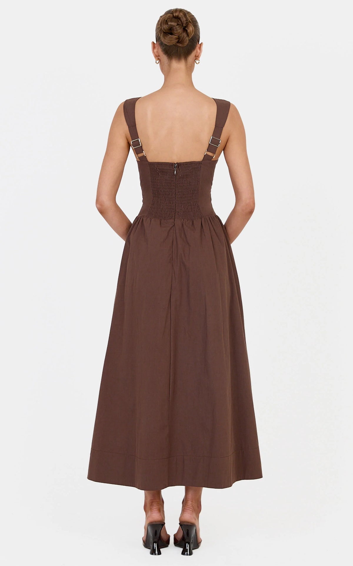 Melody Midi Dress - Cotton V Neck A Line Dress in Chocolate