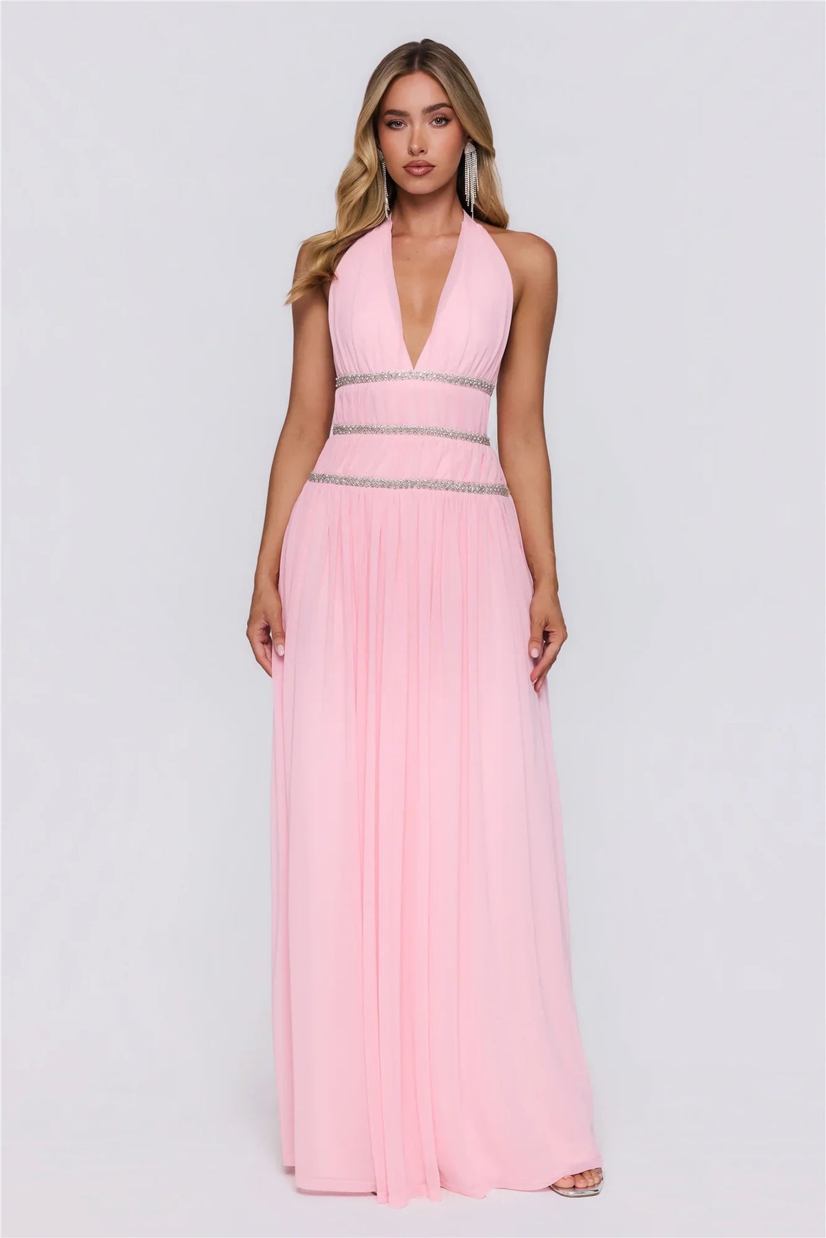 Summer Sparkle Mesh Halter Maxi Dress Pink