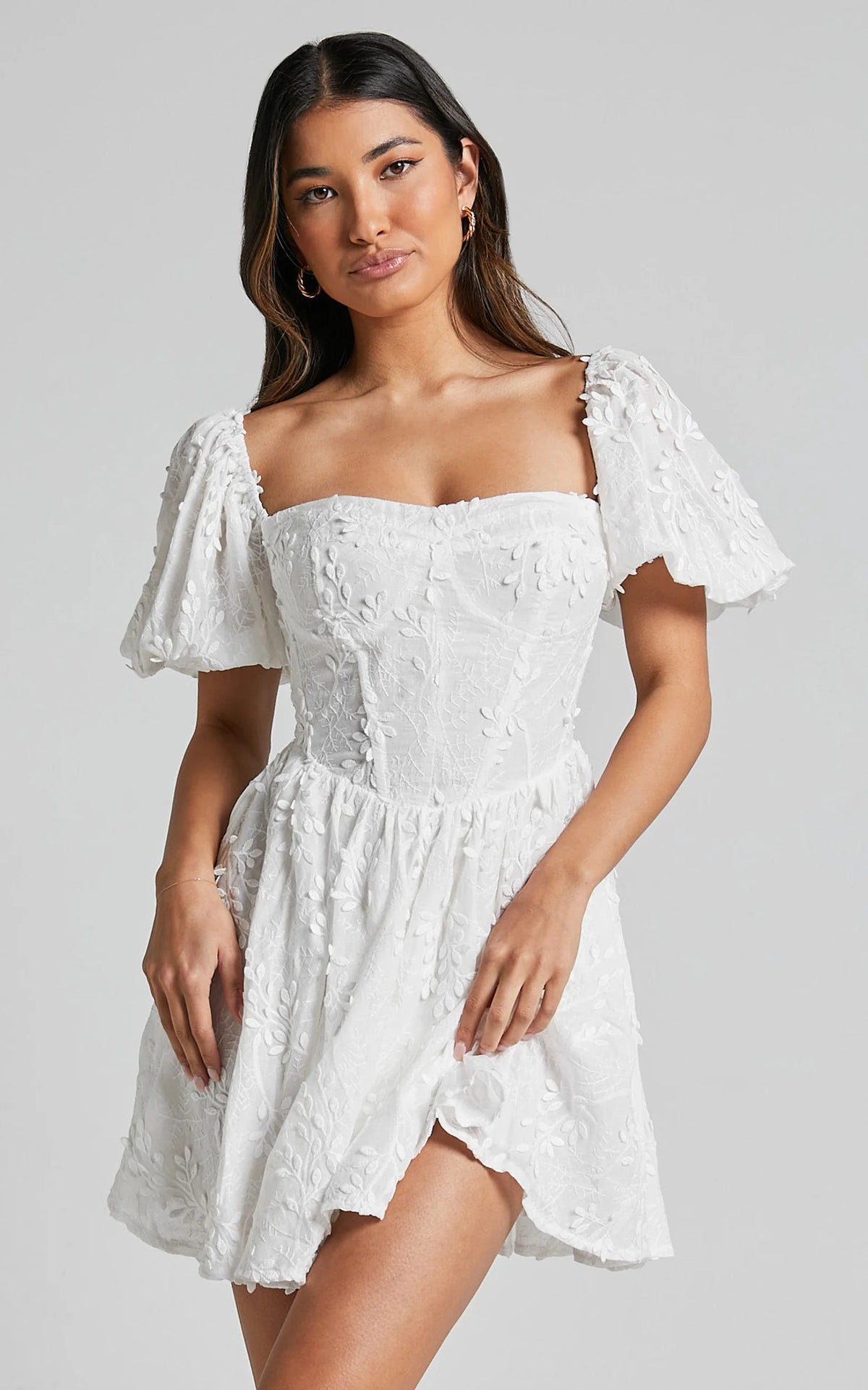 Esthela Mini Dress - Embroidered Square Neck Short Puff Sleeve Corset in White Floral