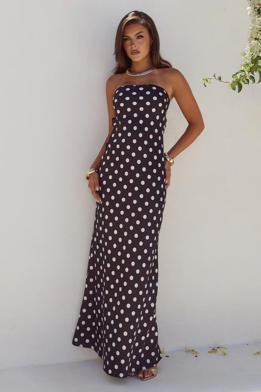 CELESTE STRAPLESS MAXI DRESS - BLACK/WHITE POLKA