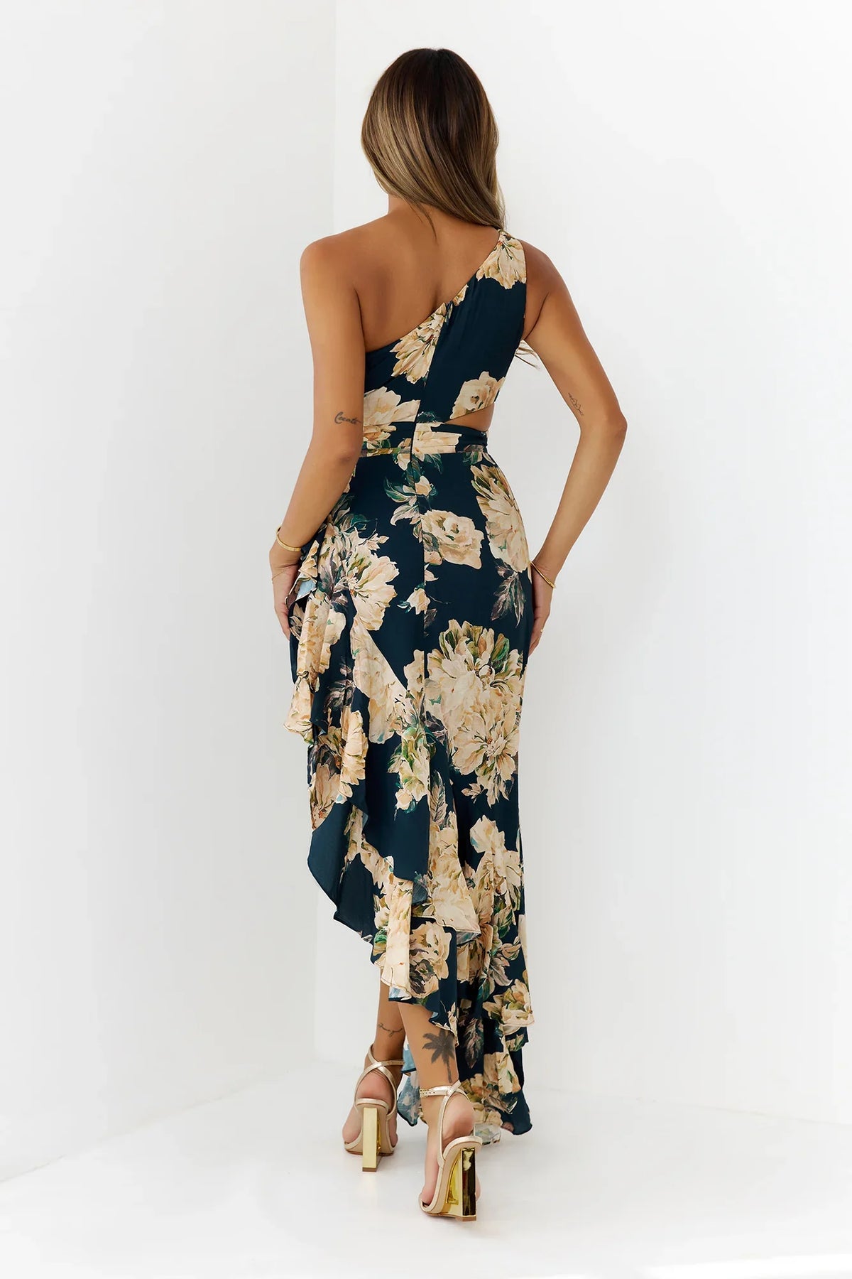 Floral One Shoulder Cutout Maxi Dress Navy