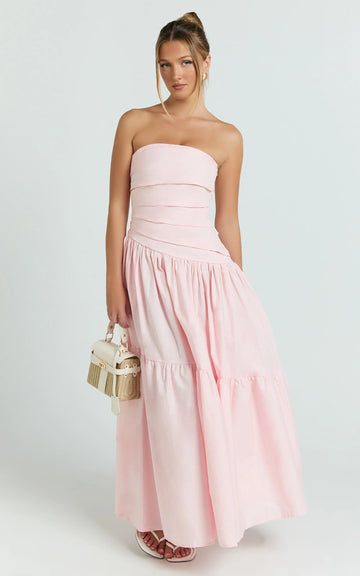 Cora Midi Dress - Strapless Dress in Pink