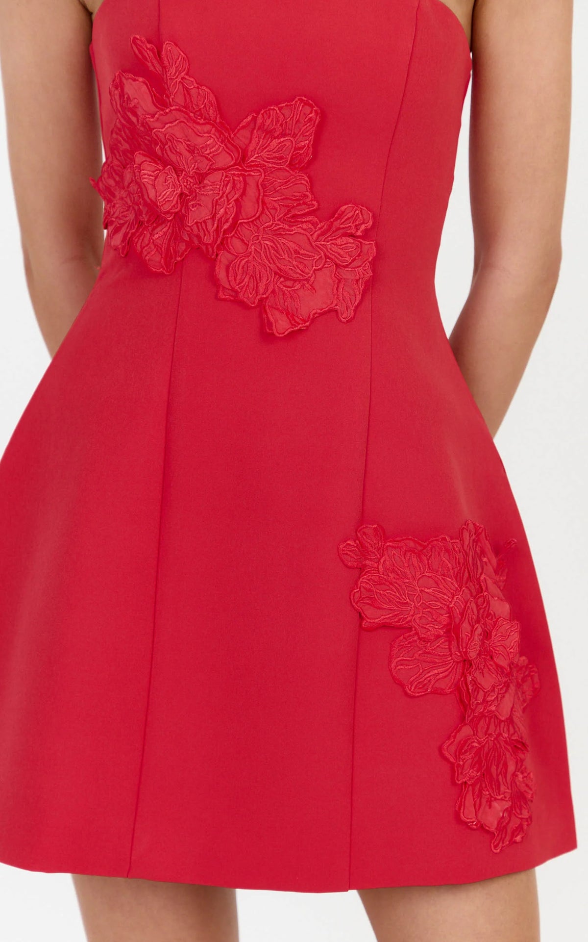 Moana Mini Dress - Strapless Floral Embellished Structured Dress in Red