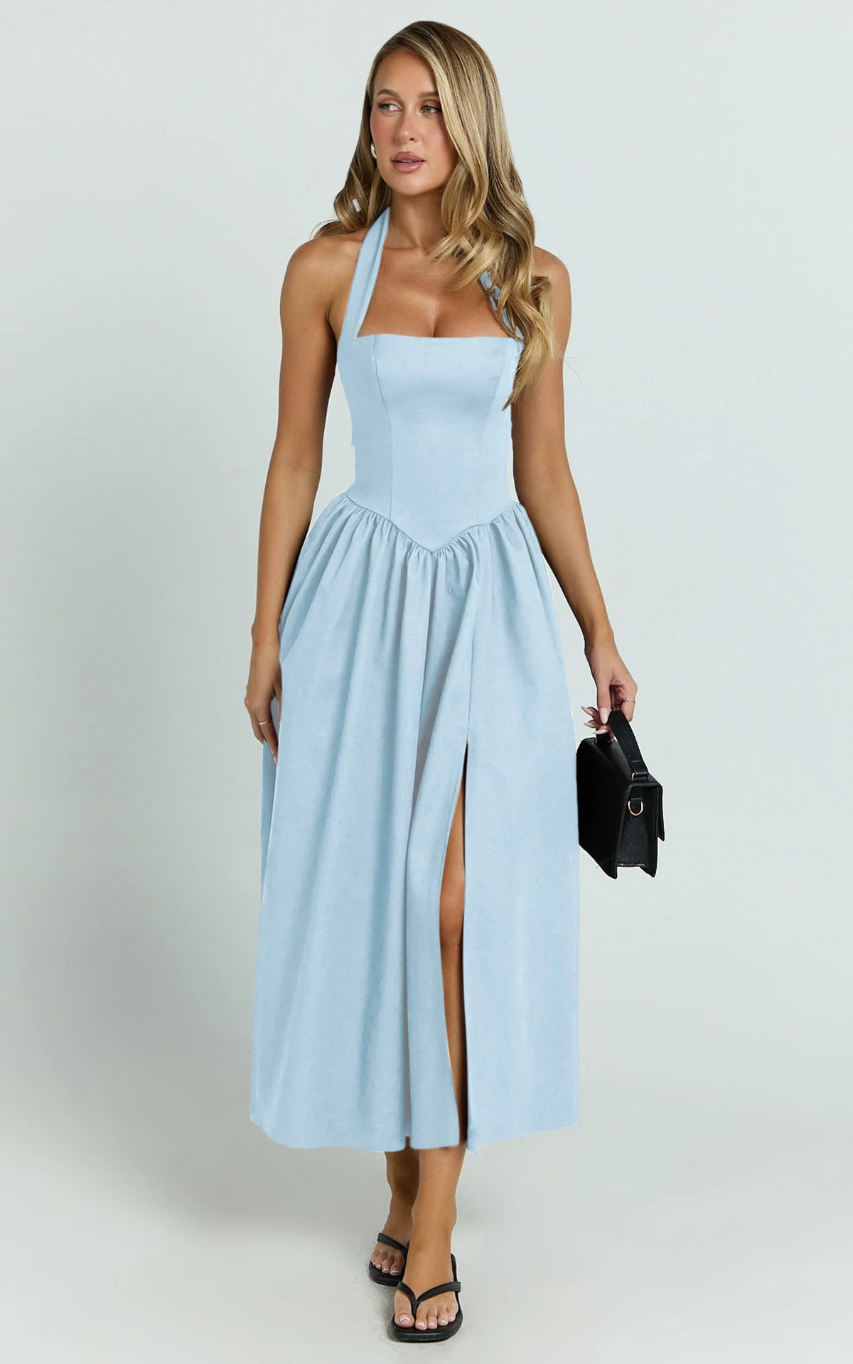 Helda Midi Dress - Halter Tie Neck Corset Panel Dress in Soft Blue