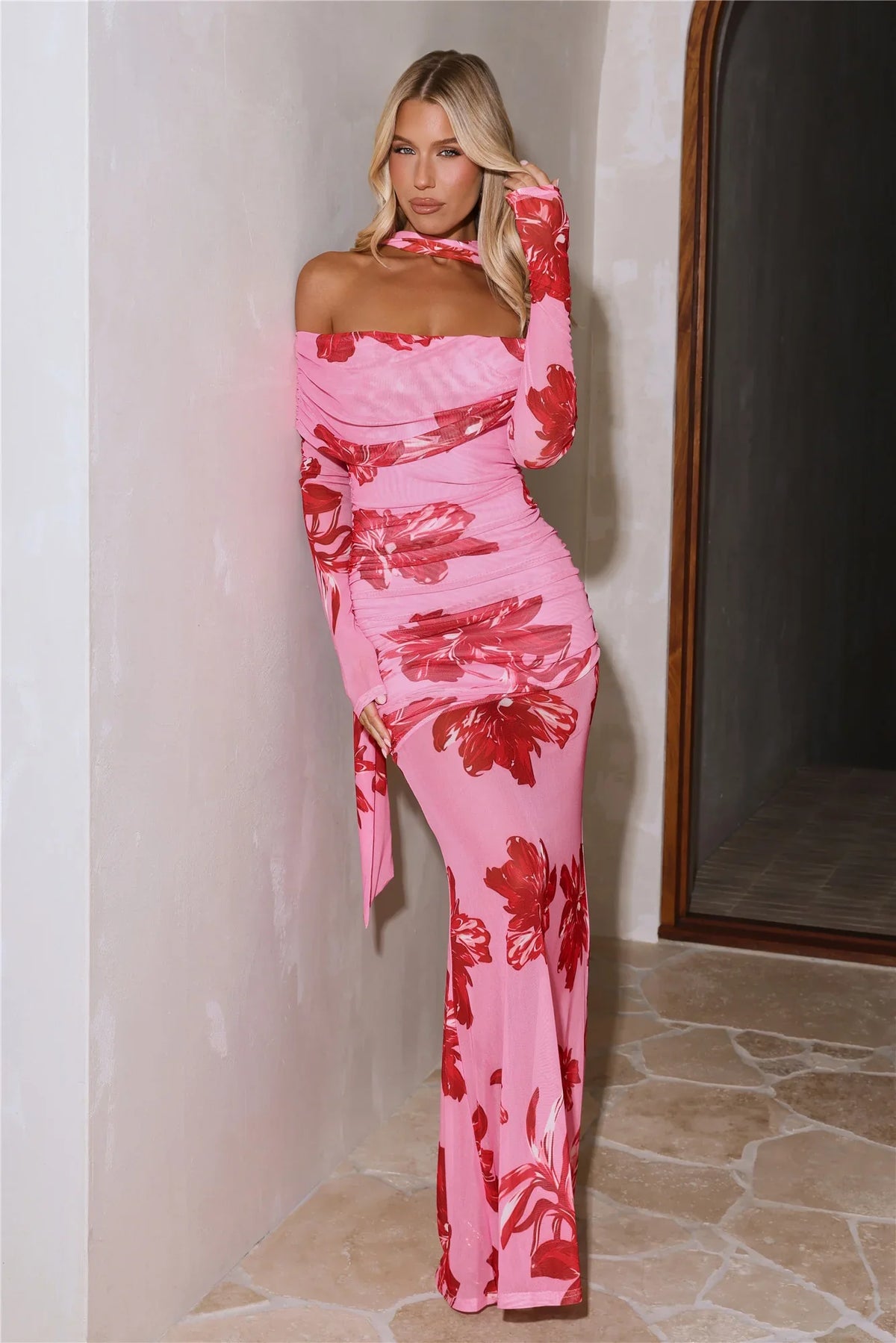Bloom Reverie Mesh Off Shoulder Long Sleeve Maxi Dress Pink