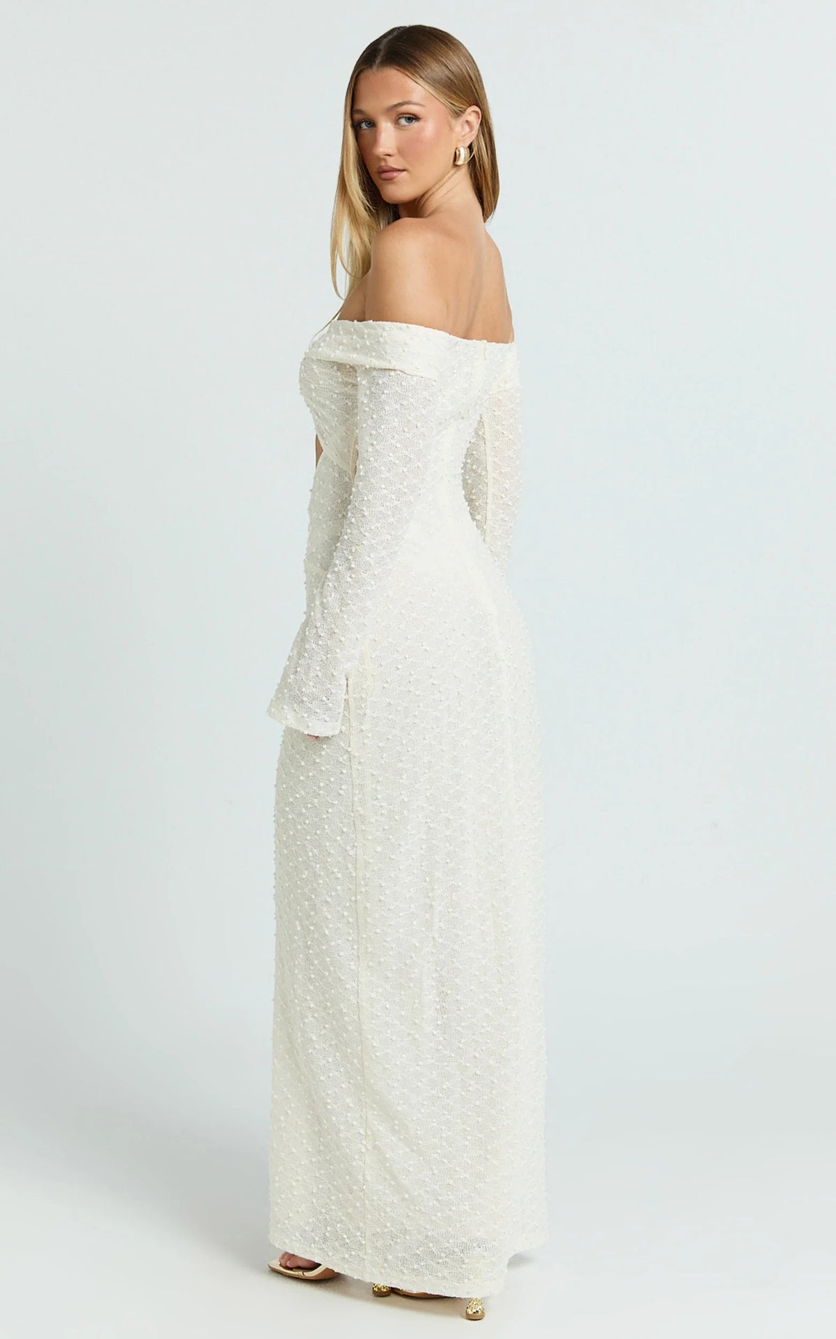 Romy Maxi Dress - Off Shoulder Long Sleeve Cut Out Gold Trim Fitted Dress in Ivory