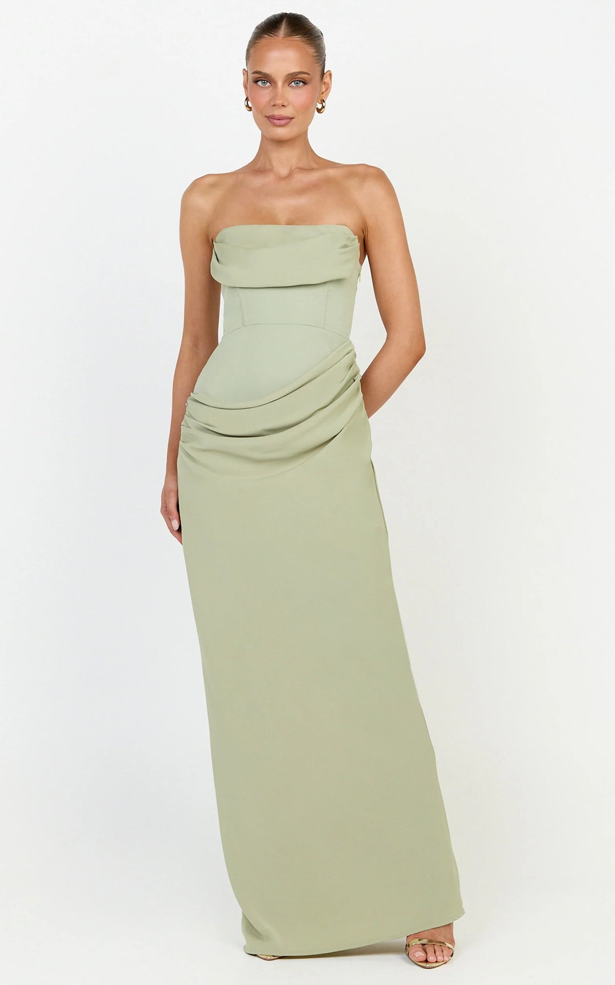 Phoebe Maxi Dress - Strapless Structured Bodice Drape Skirt Dress in Sage