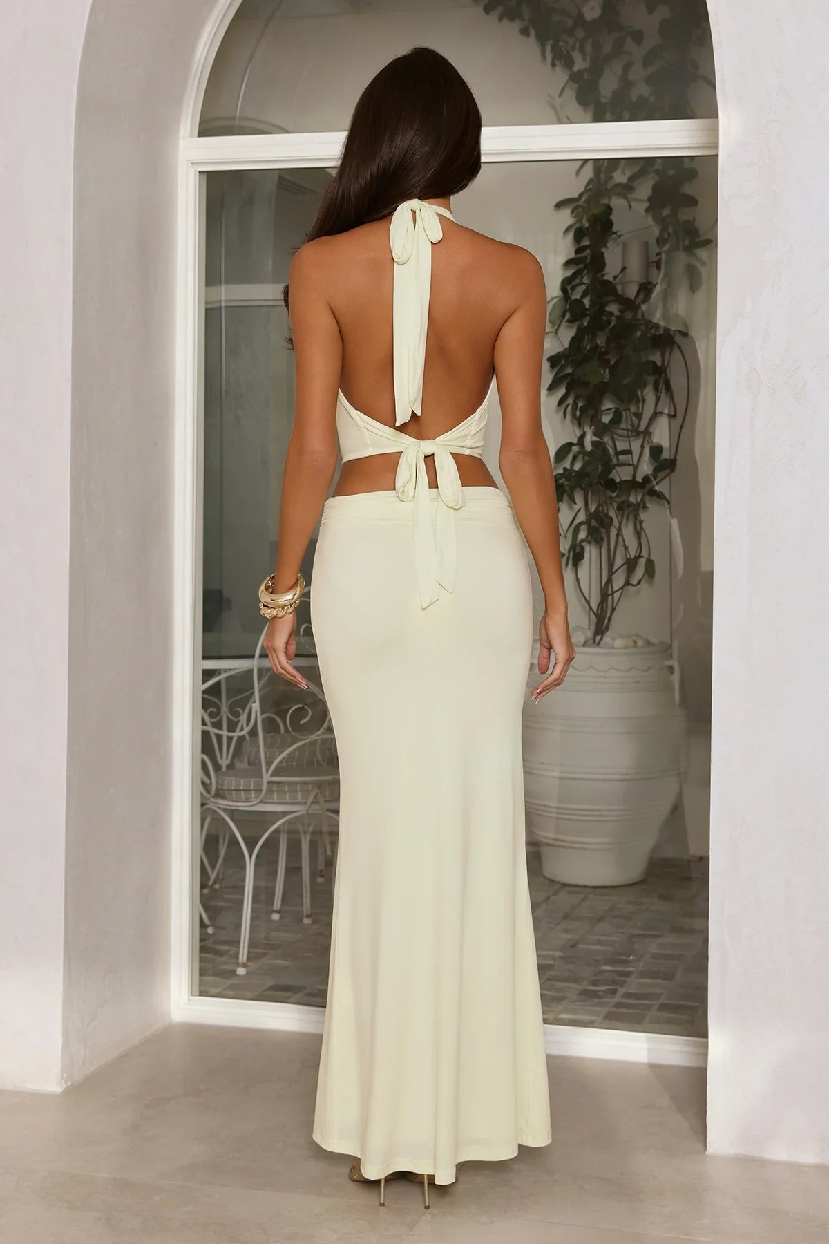 Elegant Aura Halter Maxi Dress Citrus Yellow