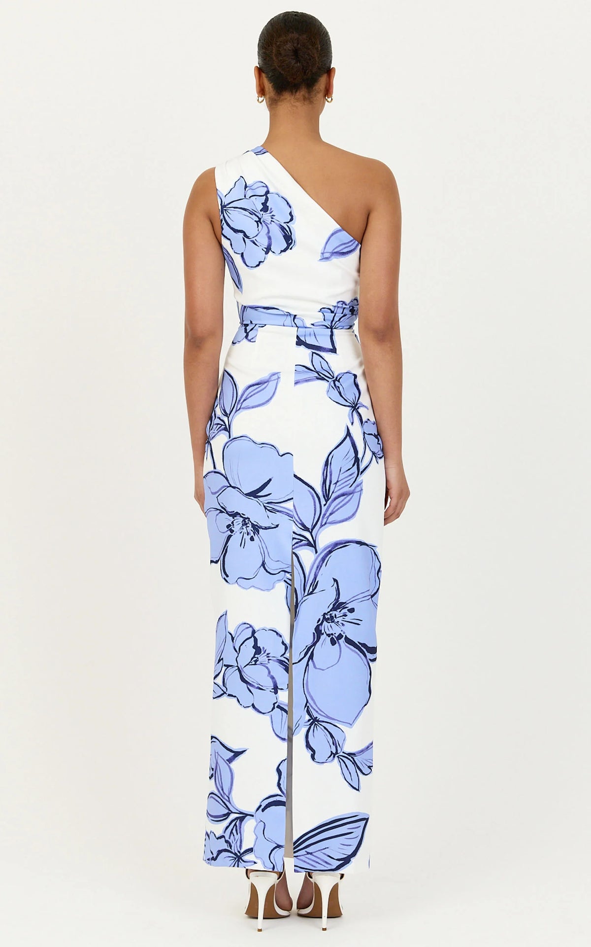 Elke Midi Dress - One Shoulder Fitted Dress in Blue Bouquet Di Fiori Print