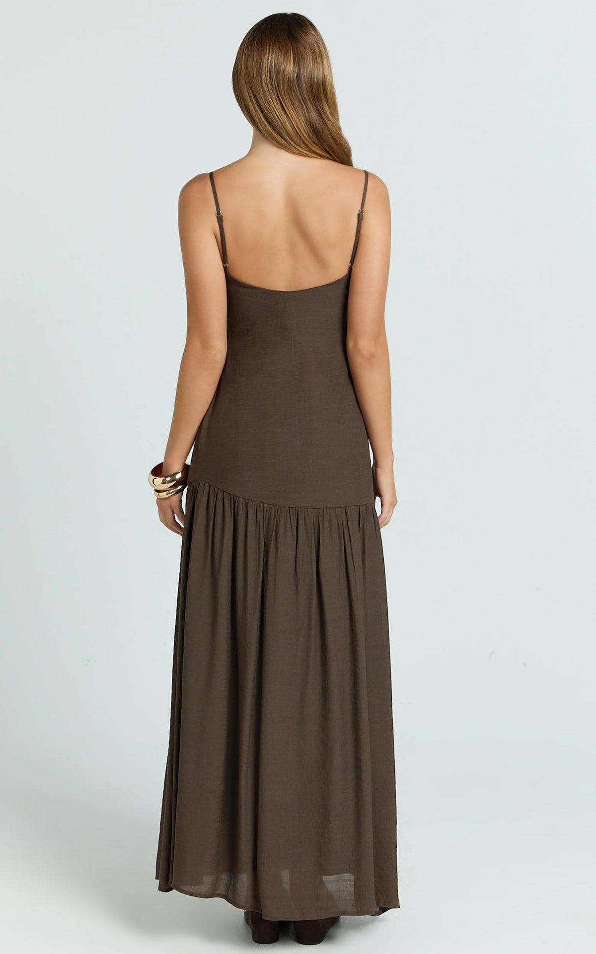 Collins Maxi Dress - V Neck Dropped Waist Gathered Maxi Dress in Chocolate
