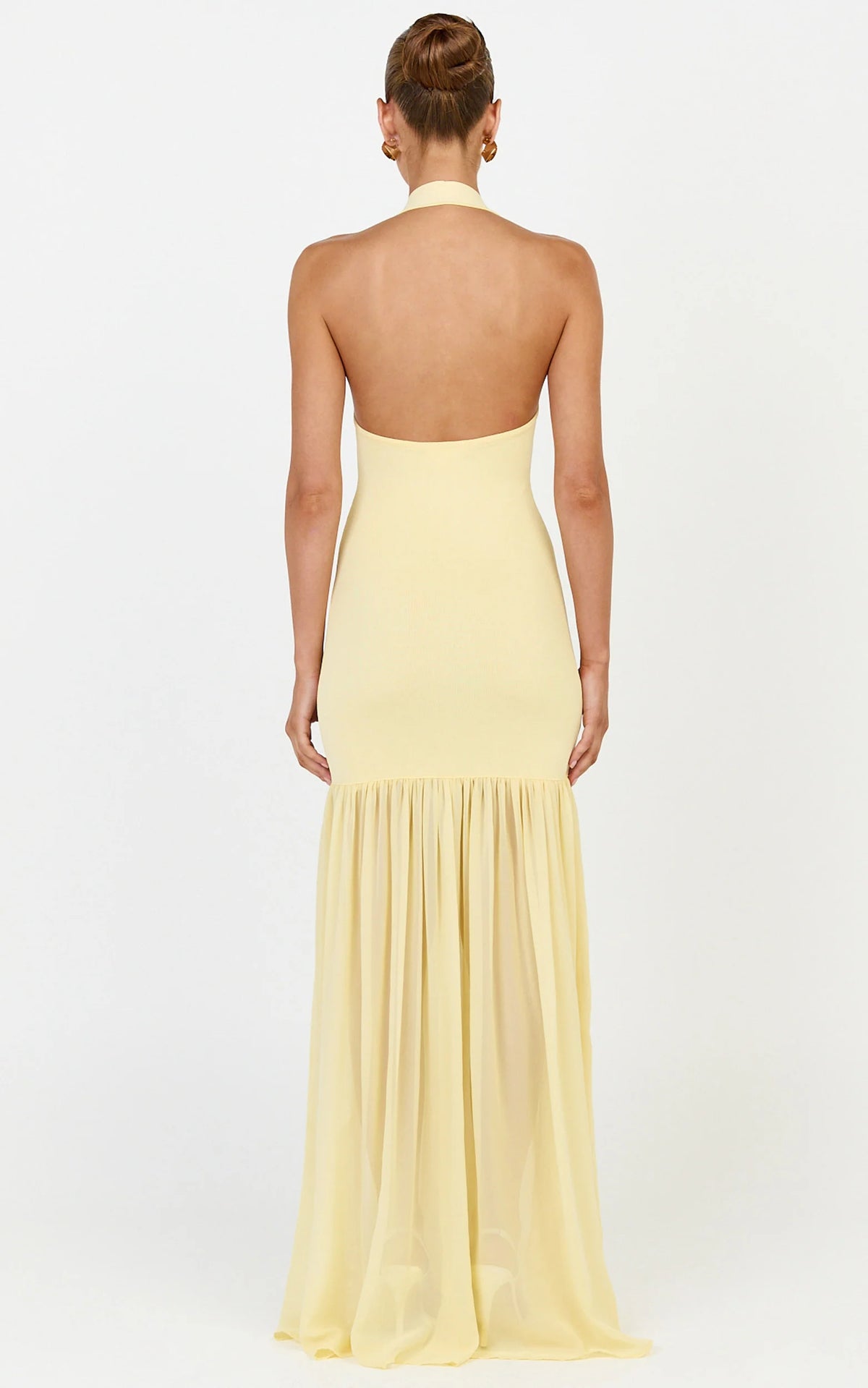 Barbara Maxi Dress - Halter Scoop Neck Contrast Georgette Dress in Lemon
