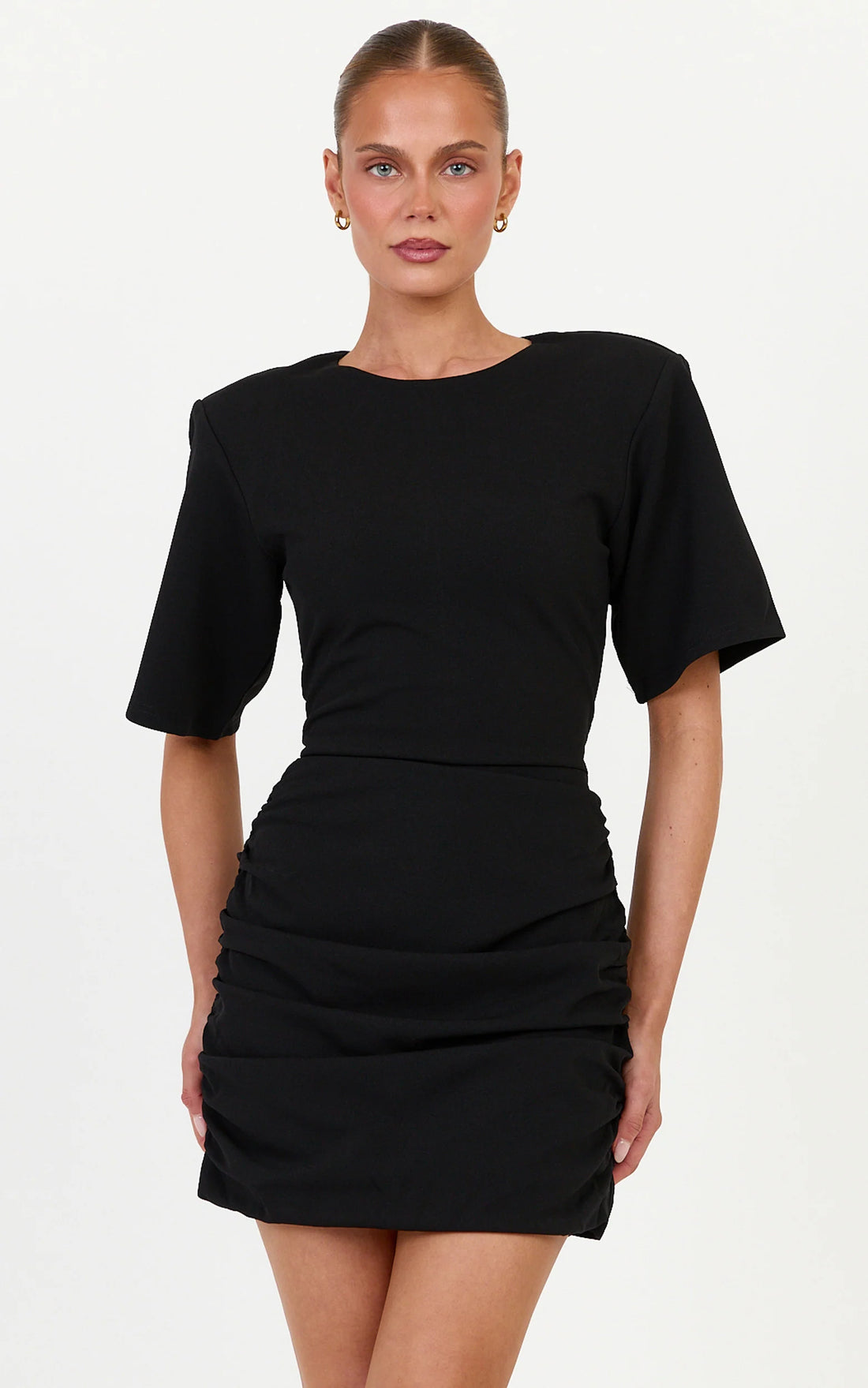 Dahlia Mini Dress - Power Shoulder T Shirt Dress in Black