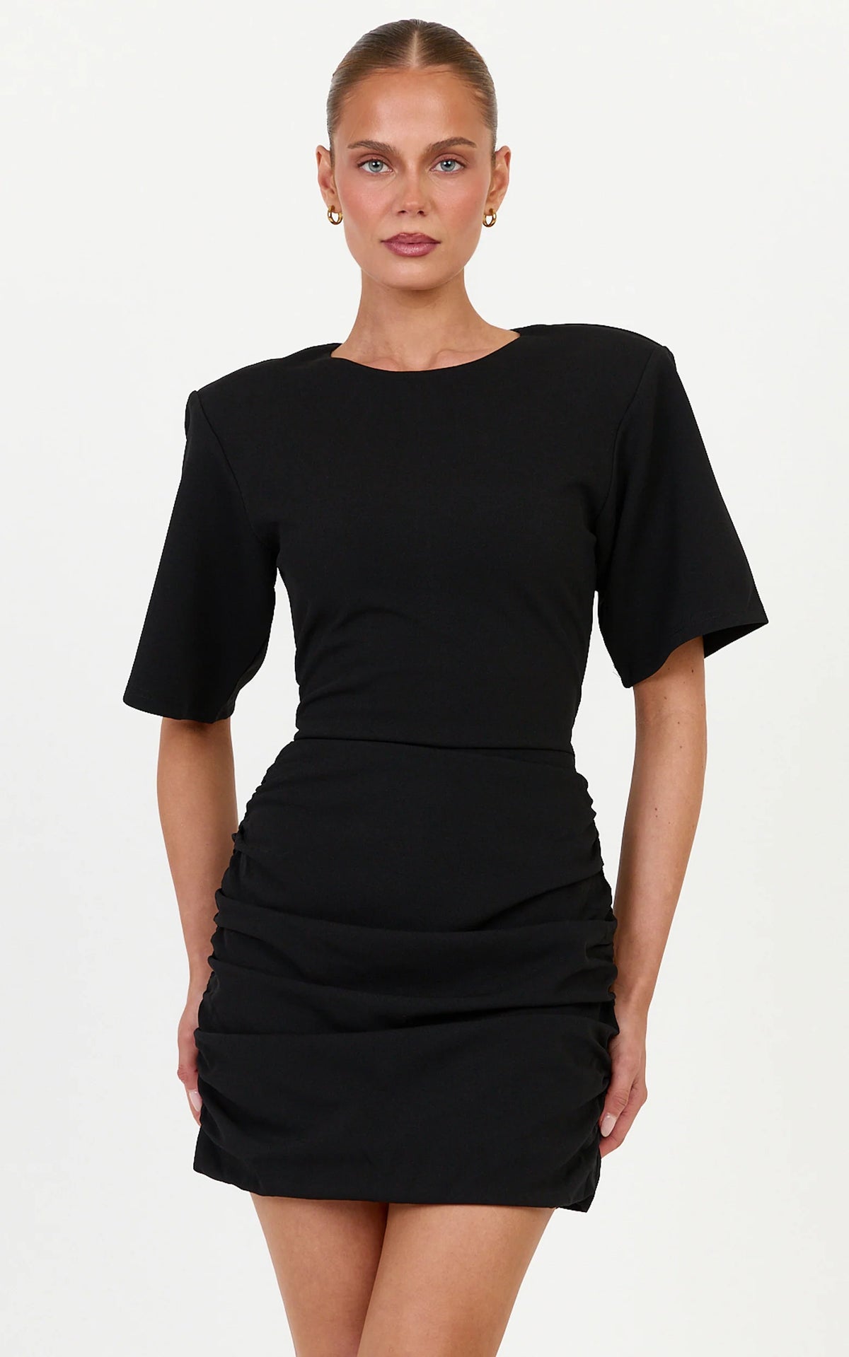 Dahlia Mini Dress - Power Shoulder T Shirt Dress in Black