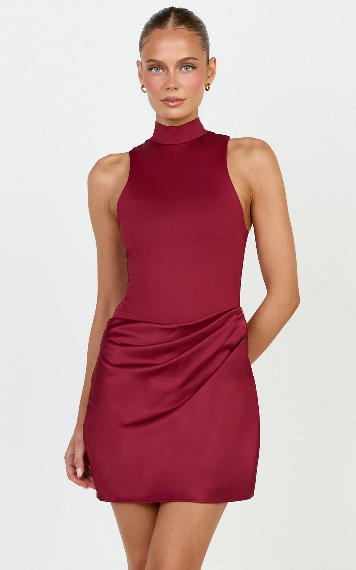 Elodie Mini Dress - Sleeveless Dress Overlay Skirt in Wine