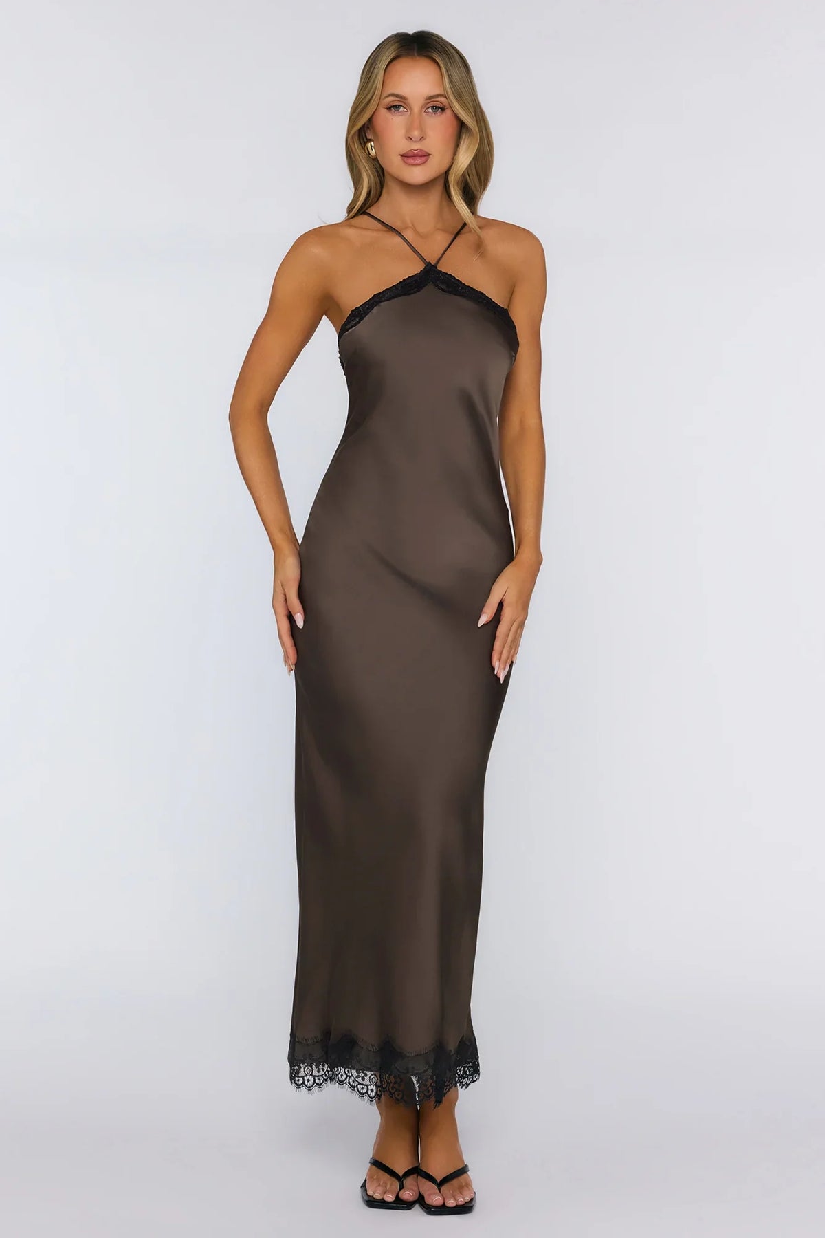 Editorial Archive Satin Lace Maxi Dress Brown