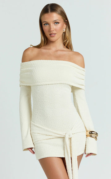 Rhianna Mini Dress - Knitted Off Shoulder Tie Waist Mini Dress in Cream