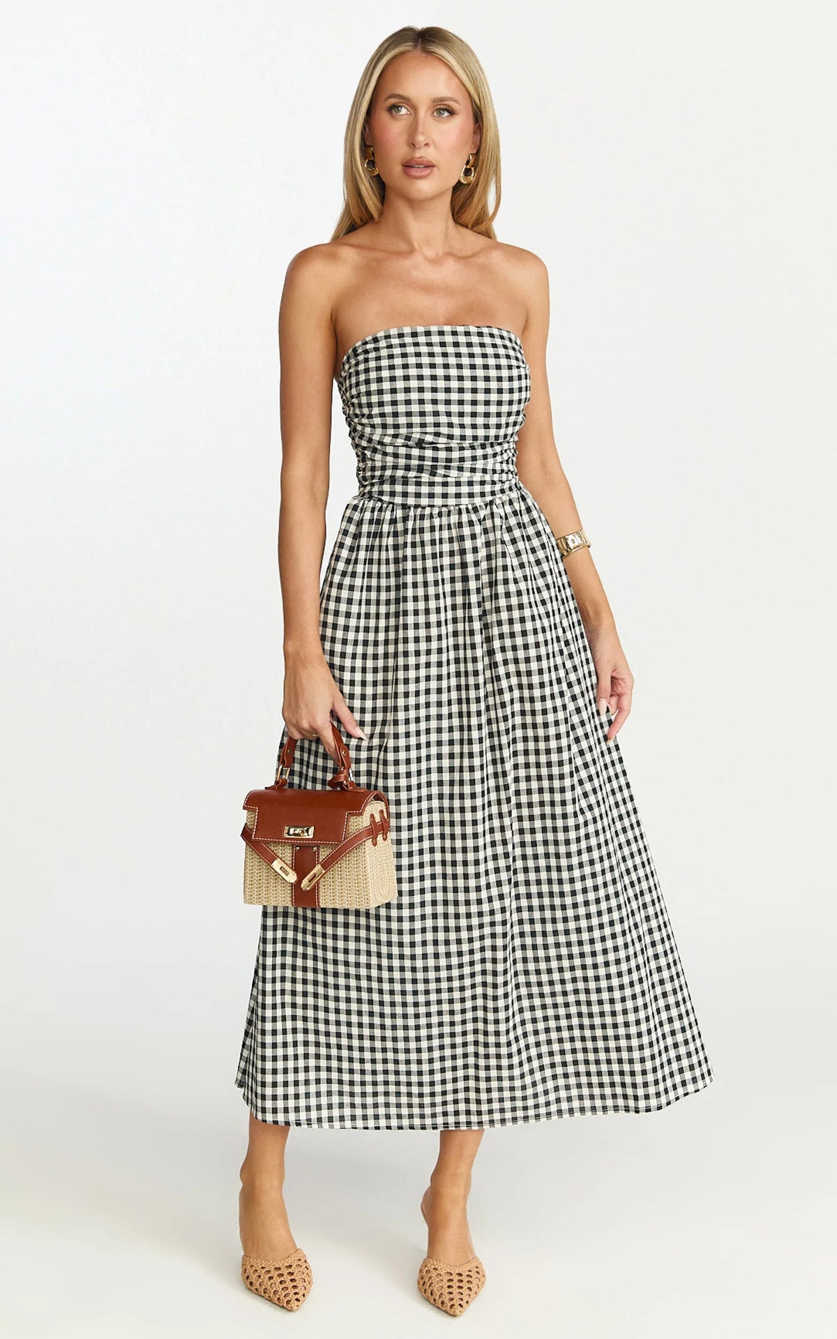 Polly Midi Dress - Strapless Ruched Dress in Black Check