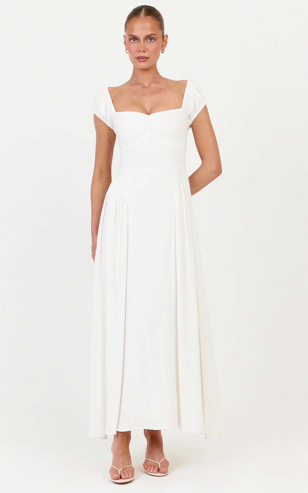 Astrid Midi Dress - Sweetheart Neckline Capped Sleeve Dress in Off White