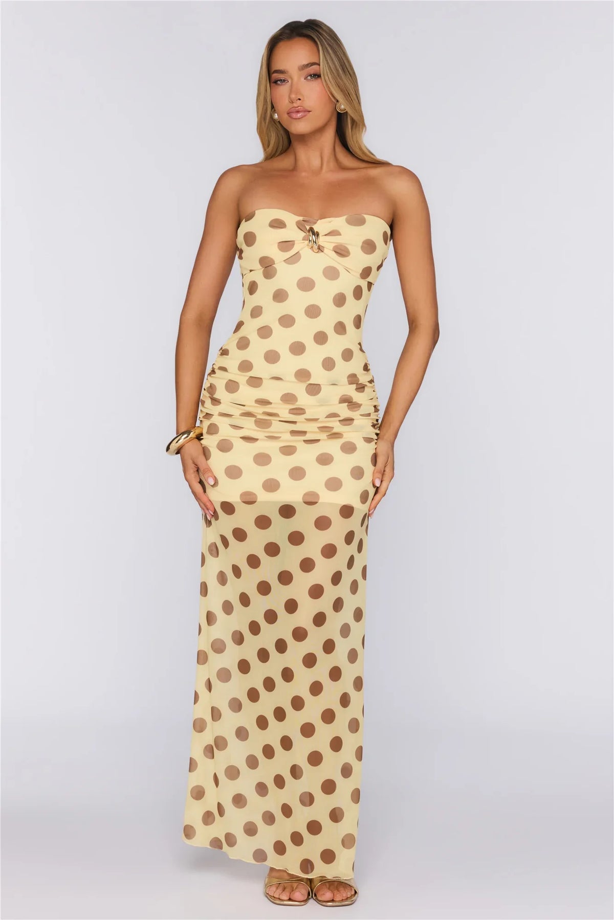 Love After Dark Mesh Polka Dot Strapless Maxi Dress Yellow