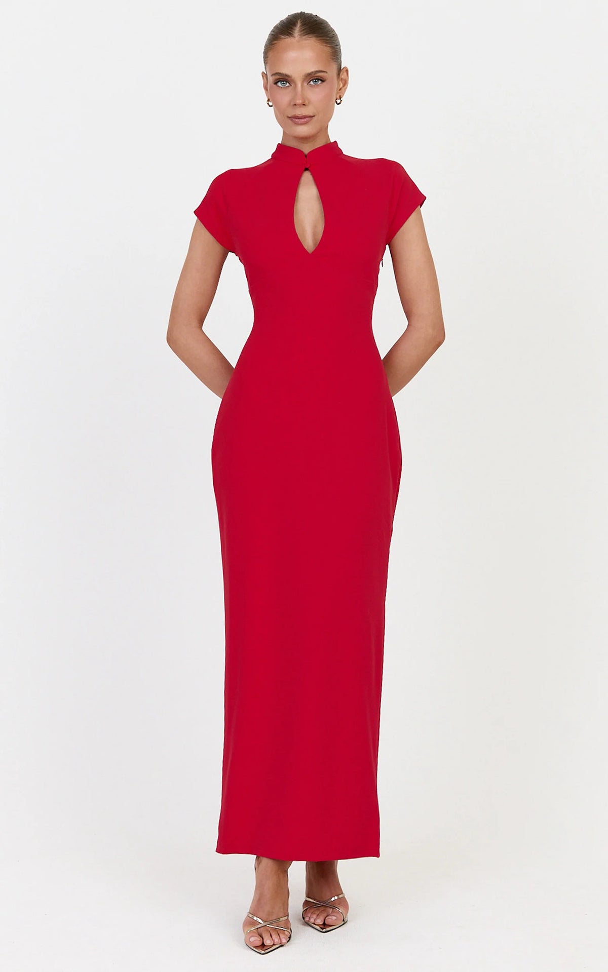Cassienne Midi Dress - High Neck Keyhole Cut Out Bodycon Midi Dress in Red