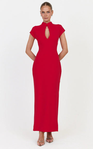 Cassienne Midi Dress - High Neck Keyhole Cut Out Bodycon Midi Dress in Red