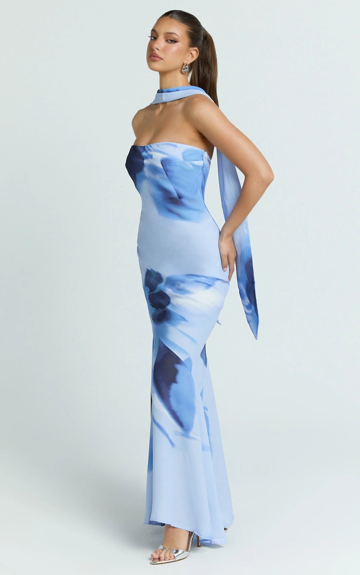 Angie Maxi Dress - Strapless Bias Column Dress with Scarf in Blue Print