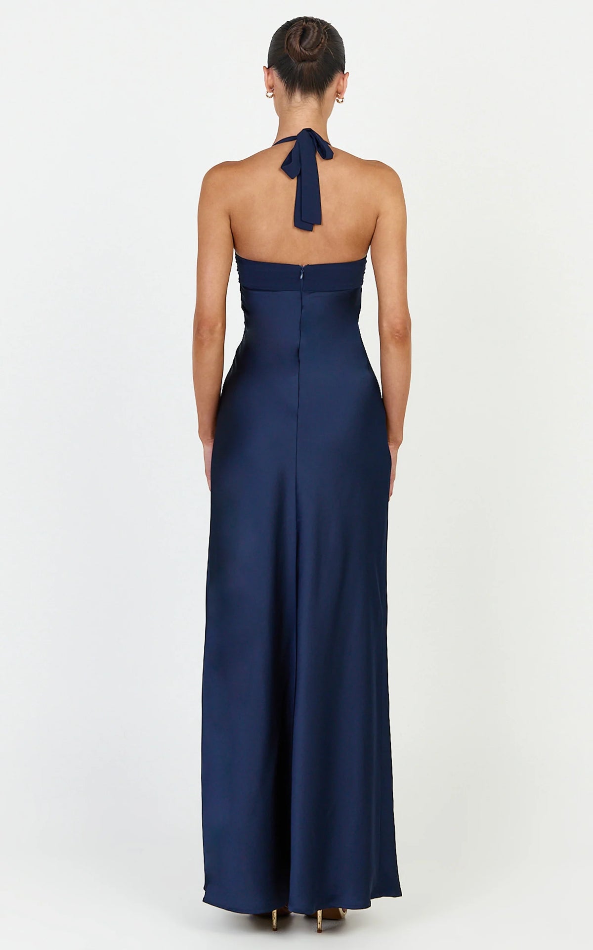 Flynn Maxi Dress - Satin Halter Sweetheart Neck Dress in Navy