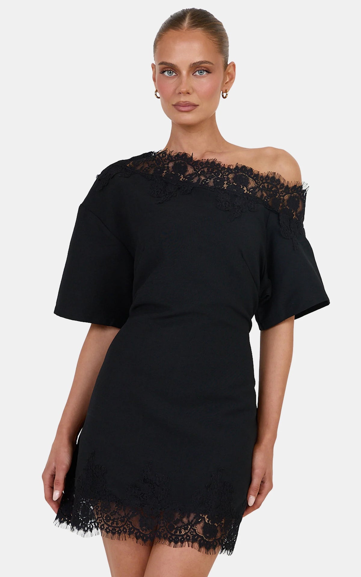 Chantelle Mini Dress - Cotton Blend Asymmetrical Tie Back Lace Mini Dress in Black