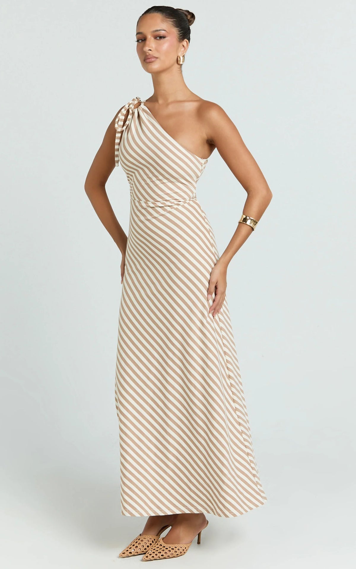 Dora Midi Dress - One Shoulder Dress in Beige
