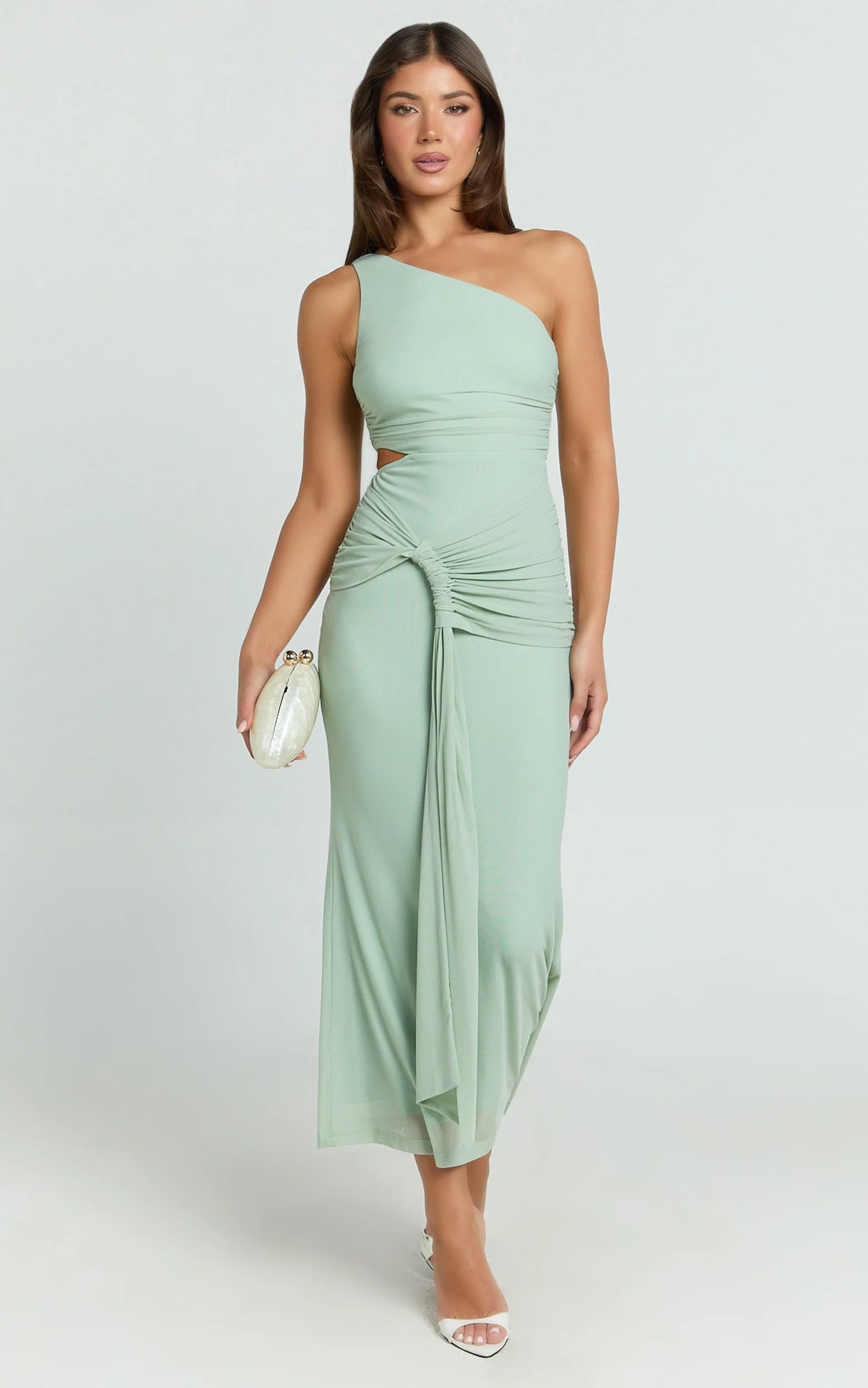Mandy Midi Dress - Knot Detail Cut Out Mesh Dress in Sage